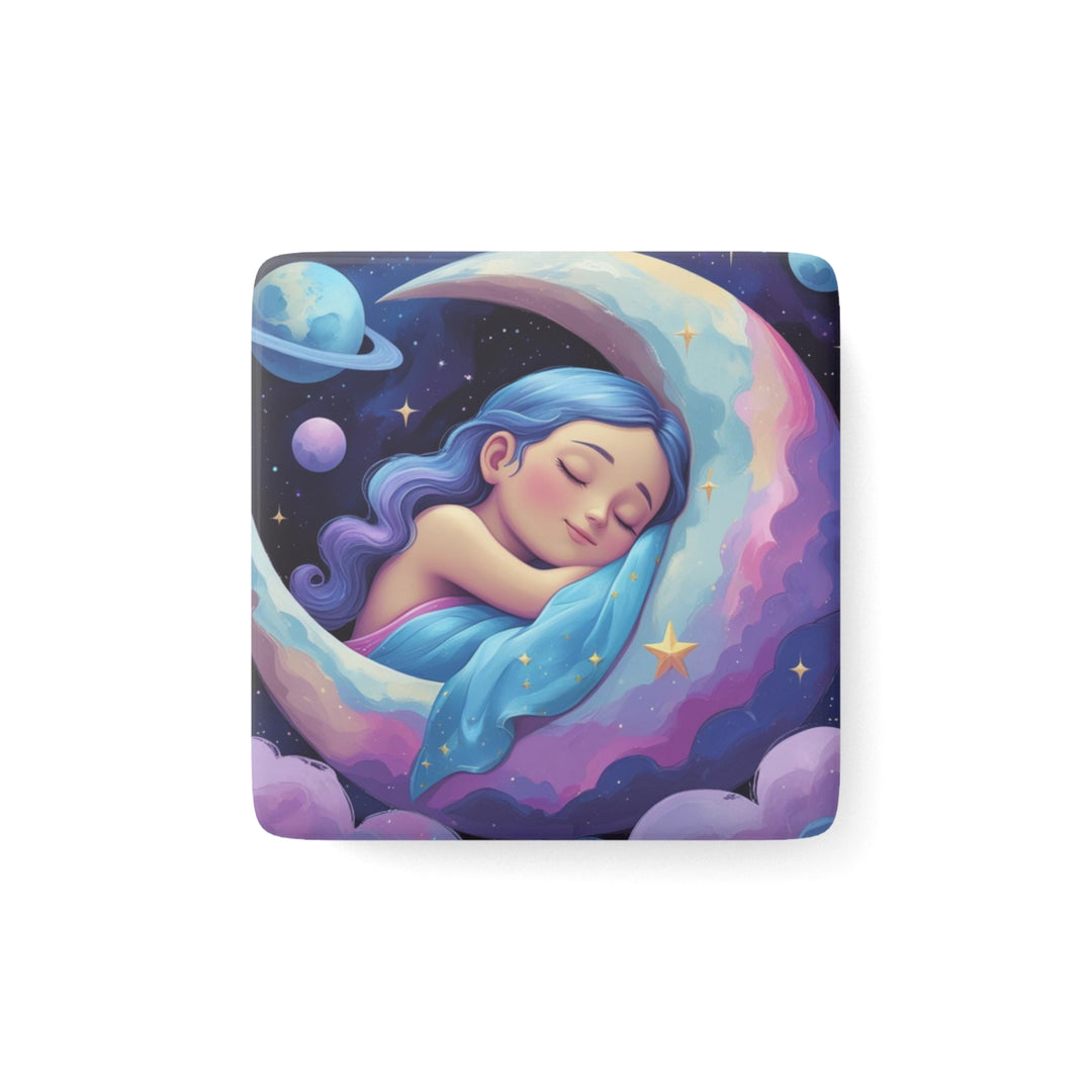 Celestial Girl Porcelain Magnet – Dreamy Square Art for Fridge & Locker Decor