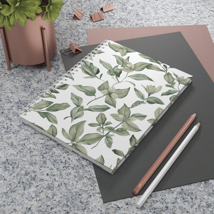 Custom Botanical Spiral Notebook – Elegant Green Leaf & Floral Design