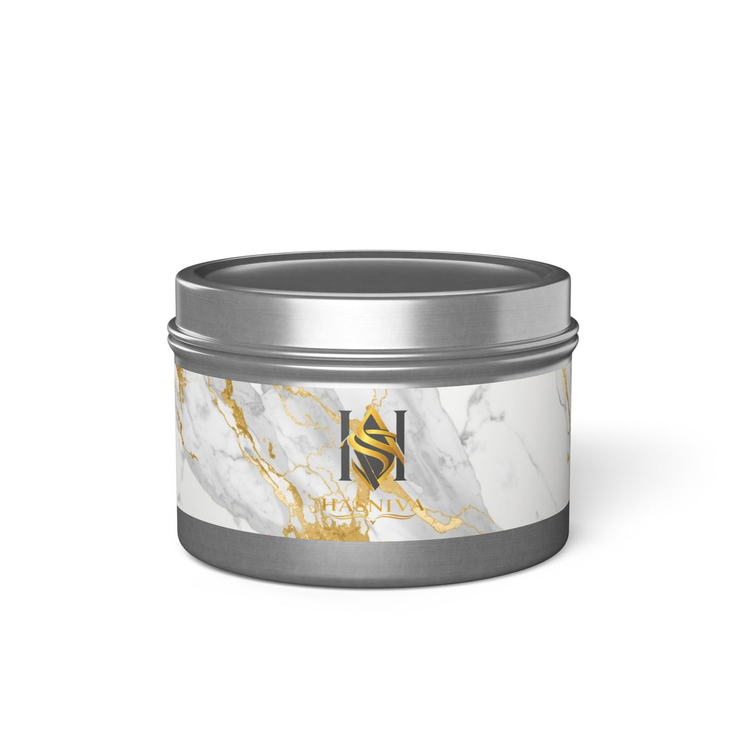 Marble Luxe Hand-Poured Tin Candle – Custom Scents, Glam Gold Accent