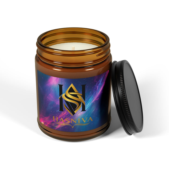 Cosmic Glow Scented Soy Candle: Amber Jar, Neon Swirl Design, 4oz/9oz