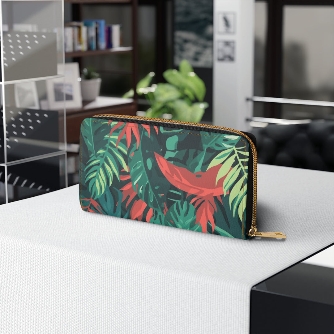 Sleek Personalized Zipper Wallet – Tropical Jungle Leaf Faux Leather Organizer