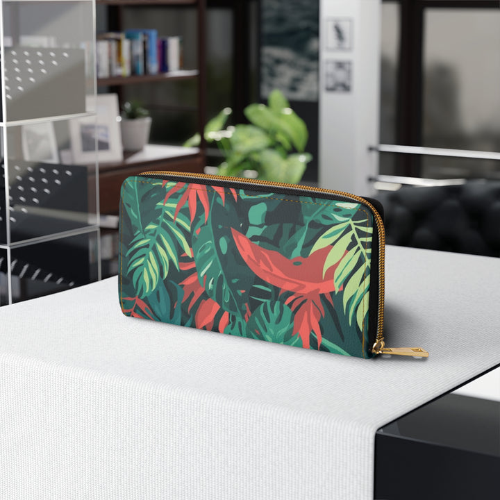 Sleek Personalized Zipper Wallet – Tropical Jungle Leaf Faux Leather Organizer