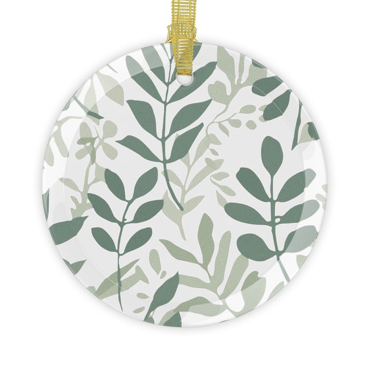 Custom Glass Ornament – Modern Botanical Leafy Green on Black, Handcrafted