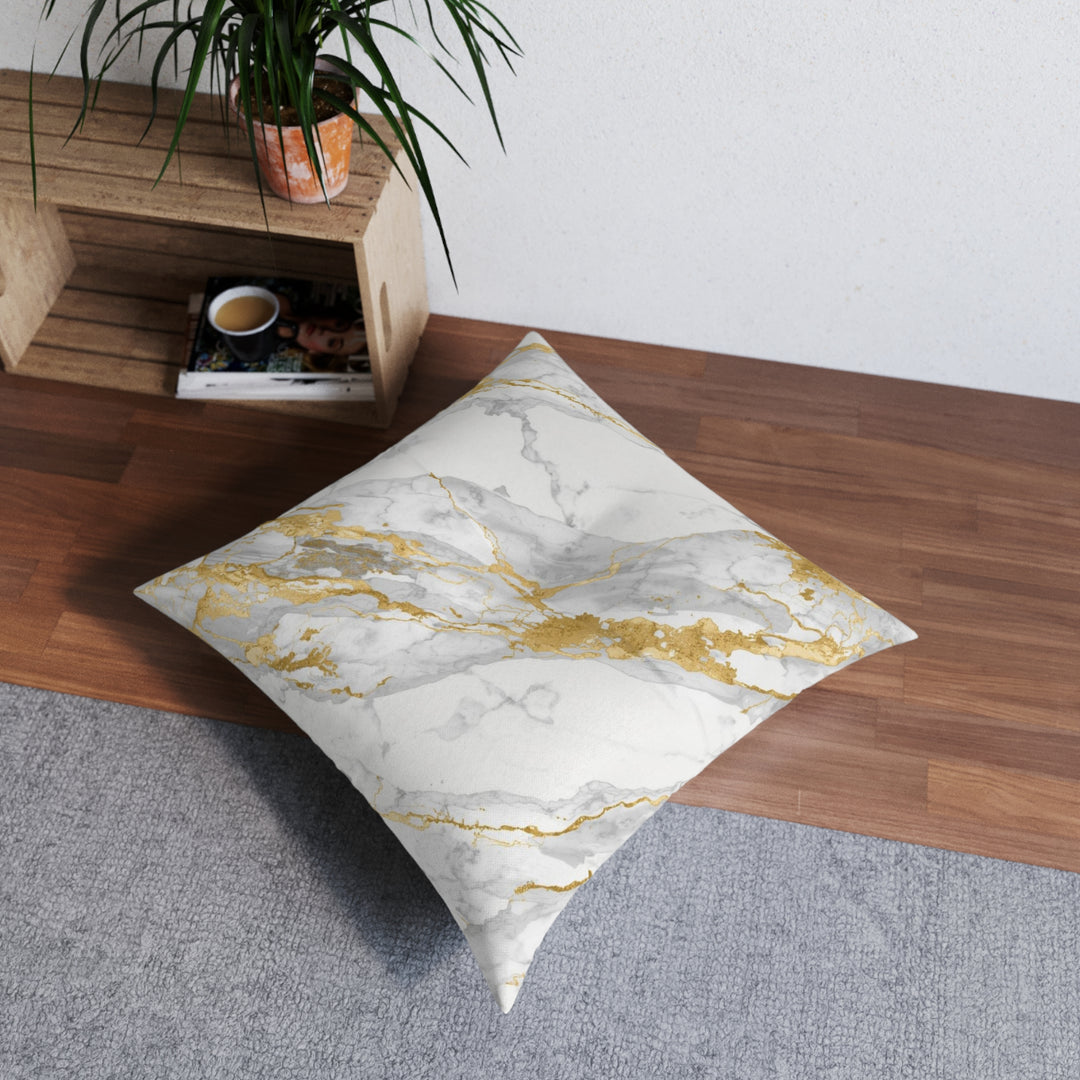 Custom Marble Tufted Square Floor Pillow – Luxe Gold & Grey, Personalized