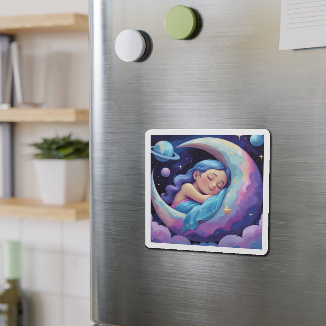 Custom Die-Cut Magnet – Dreamy Girl on Moon, Whimsical Celestial Decor
