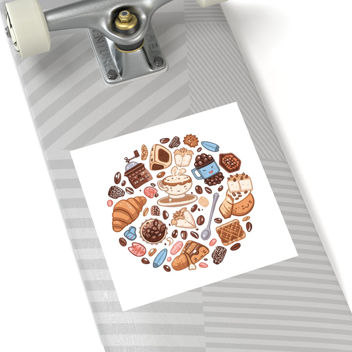 Coffee & Dessert Cartoon Square Sticker – Weatherproof Vinyl, Customizable