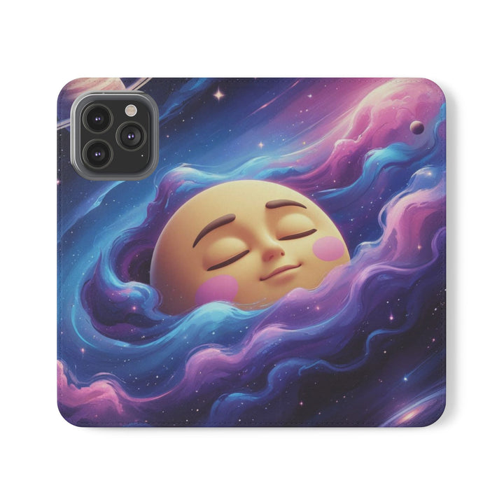 Dreamy Galaxy Flip Case – Cute Moon & Star Wallet Cover, Vegan Leather