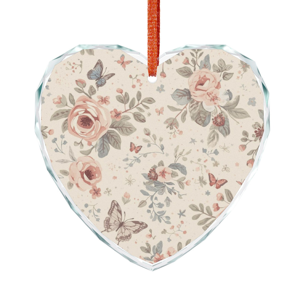 Crystal Glass Ornament – Vintage Floral Roses & Butterflies, Heart/Round