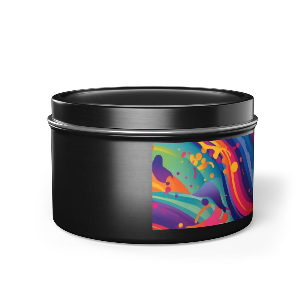 Hand-Poured Tin Candle – Vibrant Abstract Rainbow, Eco Coconut Soy, Gift-Ready