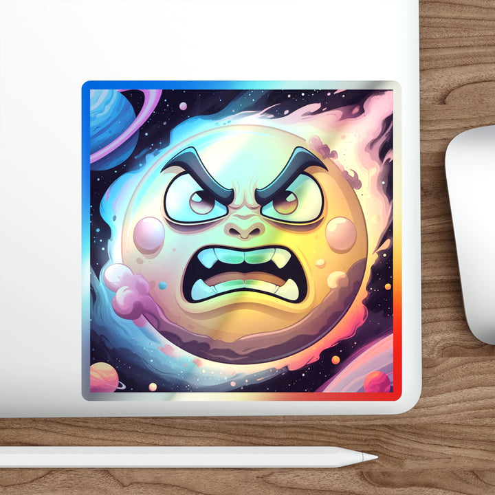 Holographic Die-Cut Sticker – Angry Sun Space Cartoon, Retro Cosmic Vibes