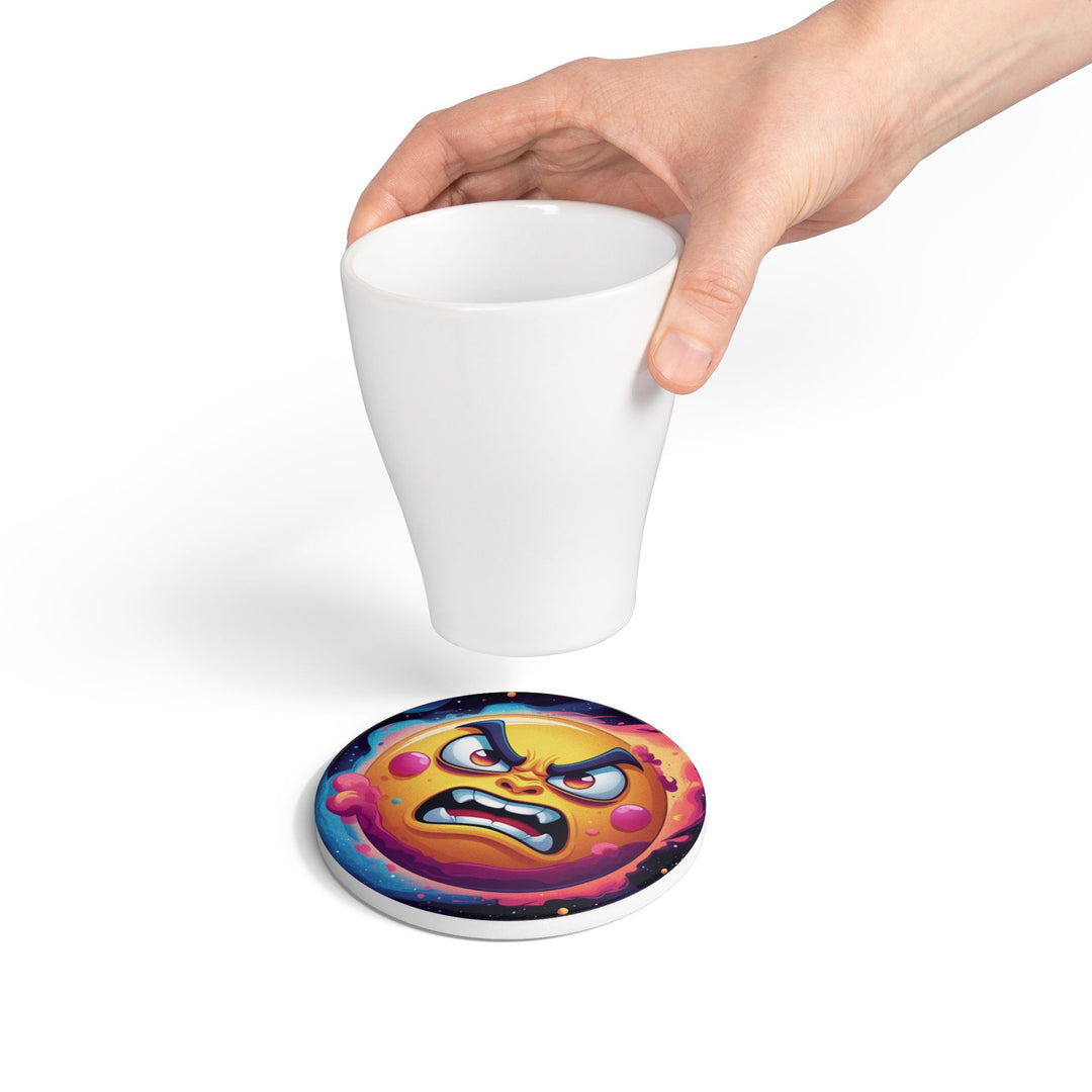 Angry Sun Space-Themed Ceramic Coaster – Fun Cartoon Design, Scratch-Free