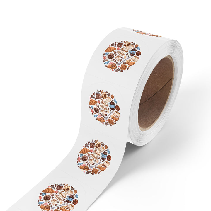 Coffee & Dessert Round Sticker Rolls – Durable, Cute Café Labels, 50-250ct