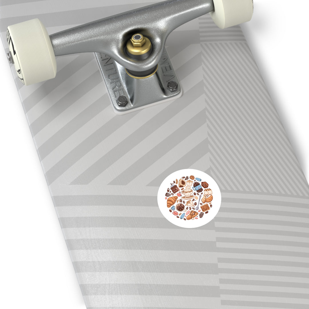 Whimsical Coffee & Pastry Round Sticker – Durable Café-Inspired Vinyl Decal