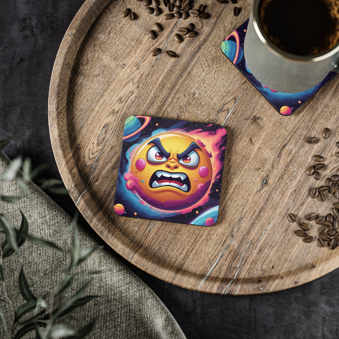 Cosmic Fun Angry Sun Coasters – Bold Space Cartoon, Stylish Table Protection