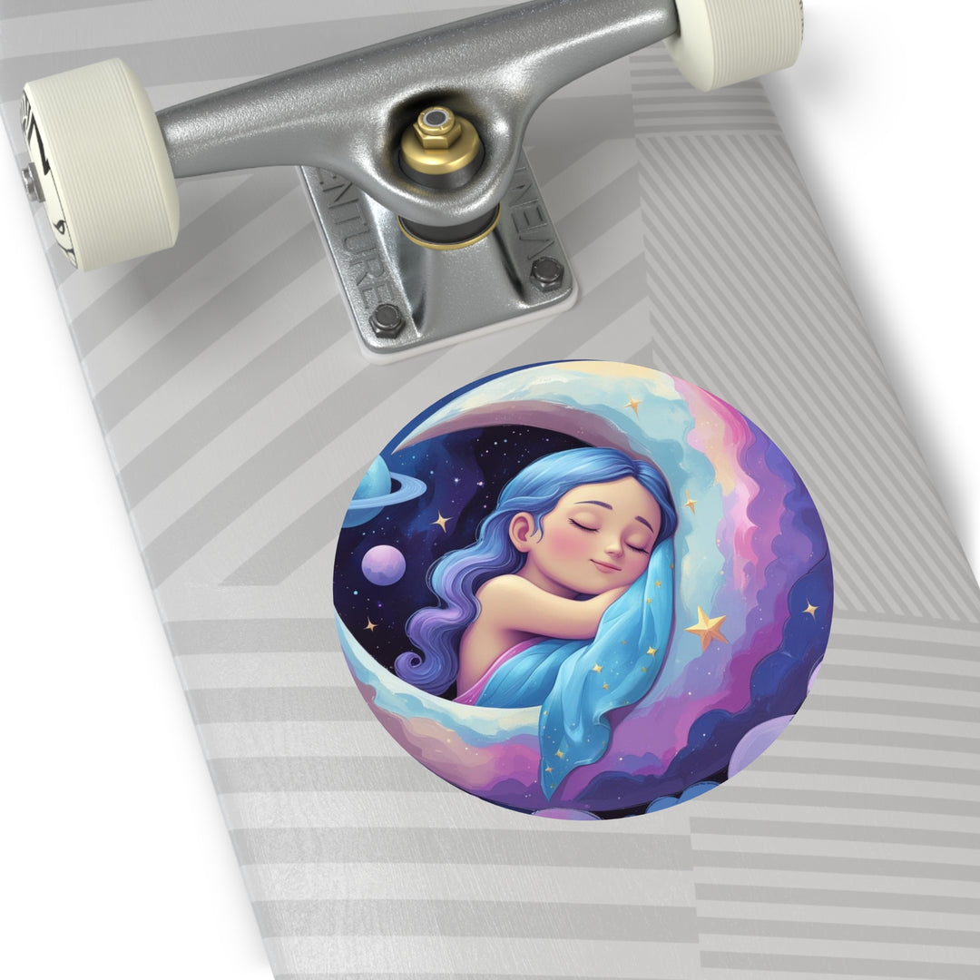 Dreamy Girl on Moon Custom Round Vinyl Sticker – Waterproof, Trendy & Durable