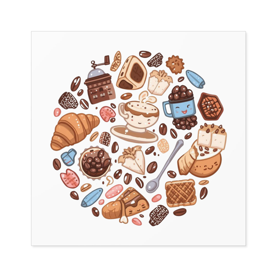 Coffee & Dessert Cartoon Square Sticker – Weatherproof Vinyl, Customizable