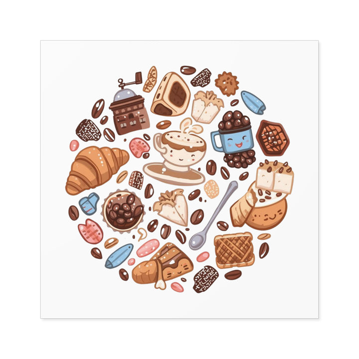 Coffee & Dessert Cartoon Square Sticker – Weatherproof Vinyl, Customizable