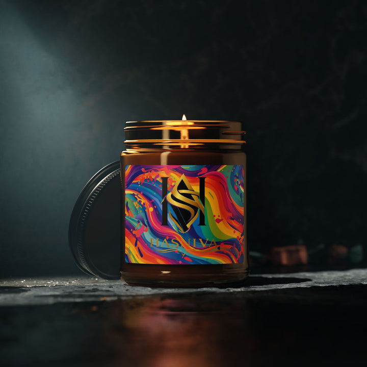 Rainbow Swirl Scented Soy Candle – Amber Jar, 2 Sizes, Artistic Décor