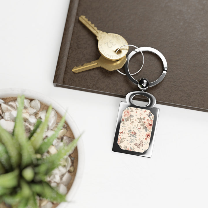 Personalized Floral Rectangle Photo Keyring – Vintage Roses & Butterflies