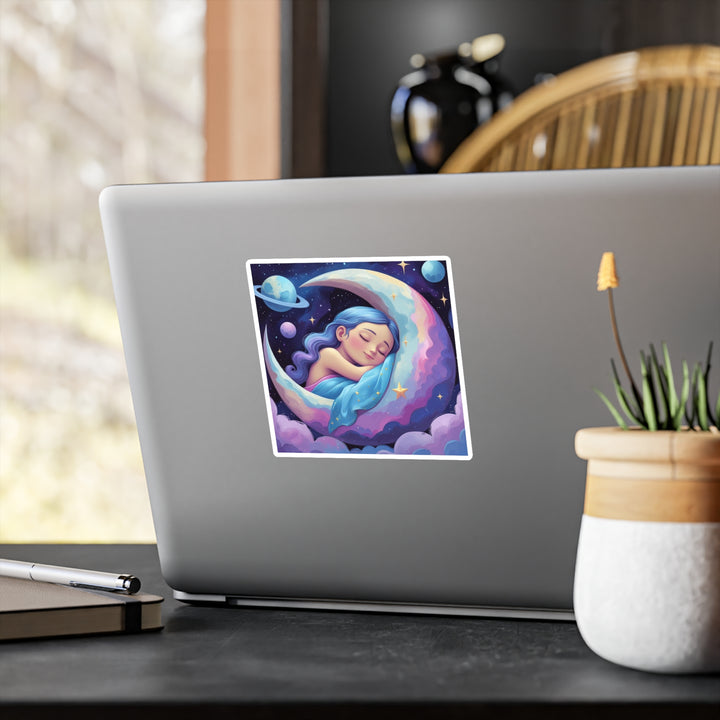 Dreamy Sleeping Girl on Moon Vinyl Sticker – Matte Kiss-Cut, Celestial Vibes
