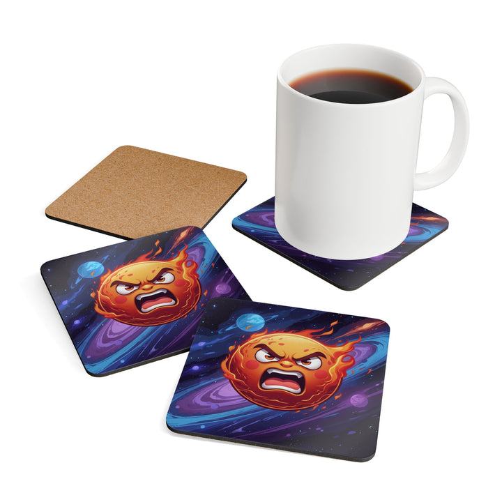 Fiery Cosmic Sun Corkwood Coaster Set – Bold Cartoon Space Table Decor
