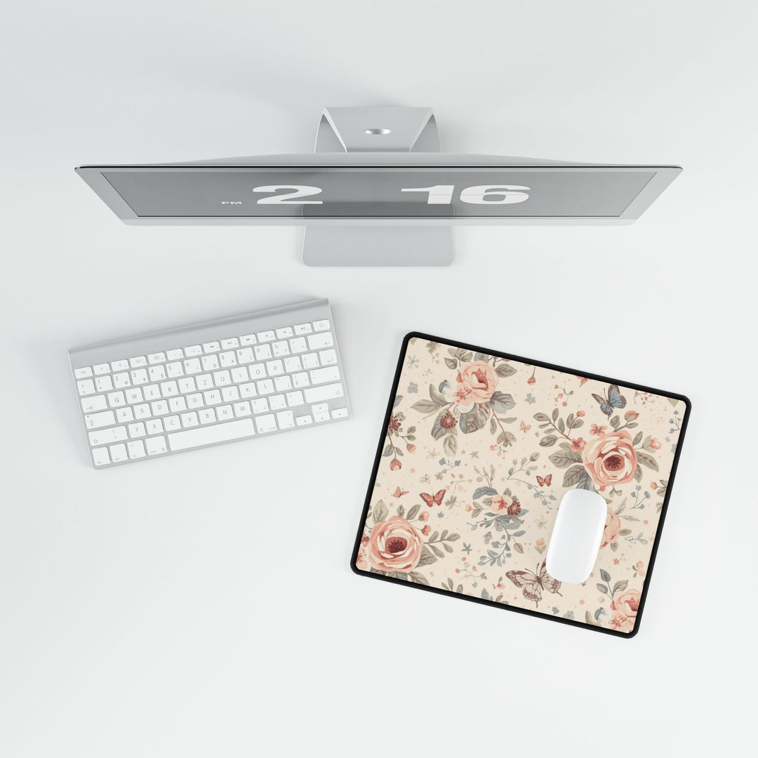 Premium Floral Desk Mat – Elegant Pastel Roses & Butterflies, Non-Slip, Waterproof