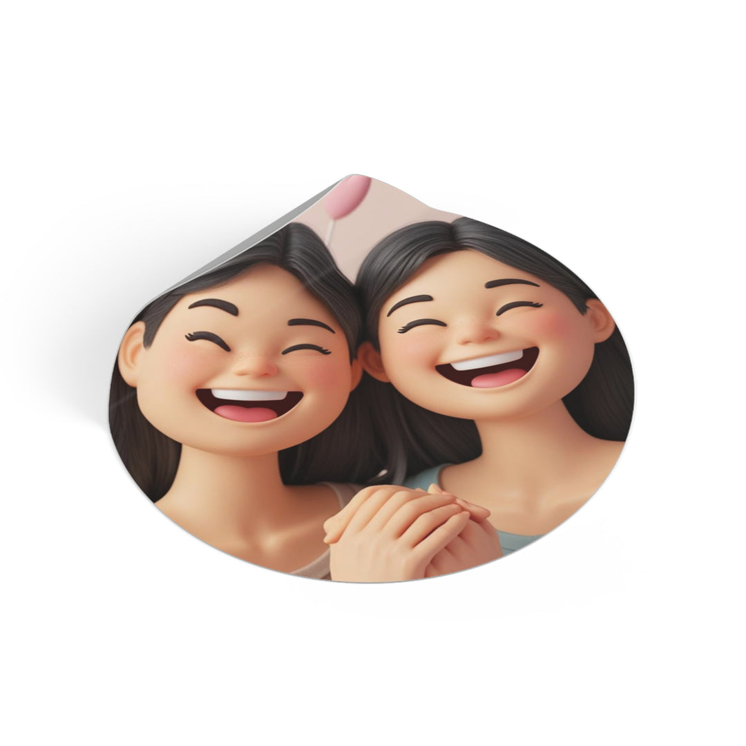 Custom Round Vinyl Sticker – 3D Cartoon Smiling Girls, Waterproof & Trendy