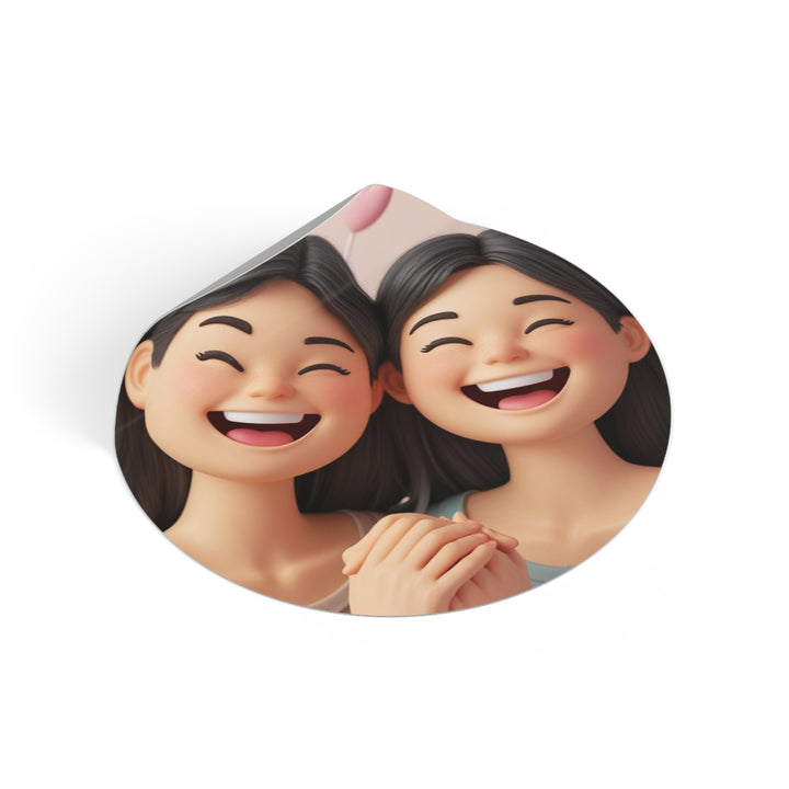 Custom Round Vinyl Sticker – 3D Cartoon Smiling Girls, Waterproof & Trendy
