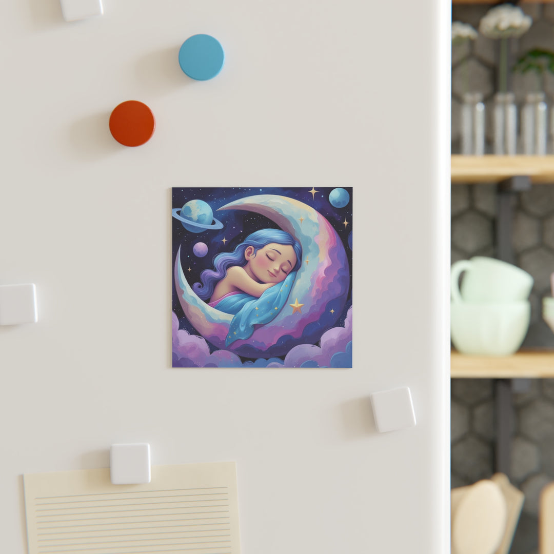 Personalized Square Magnet – Dreamy Girl on Moon, Custom Celestial Decor