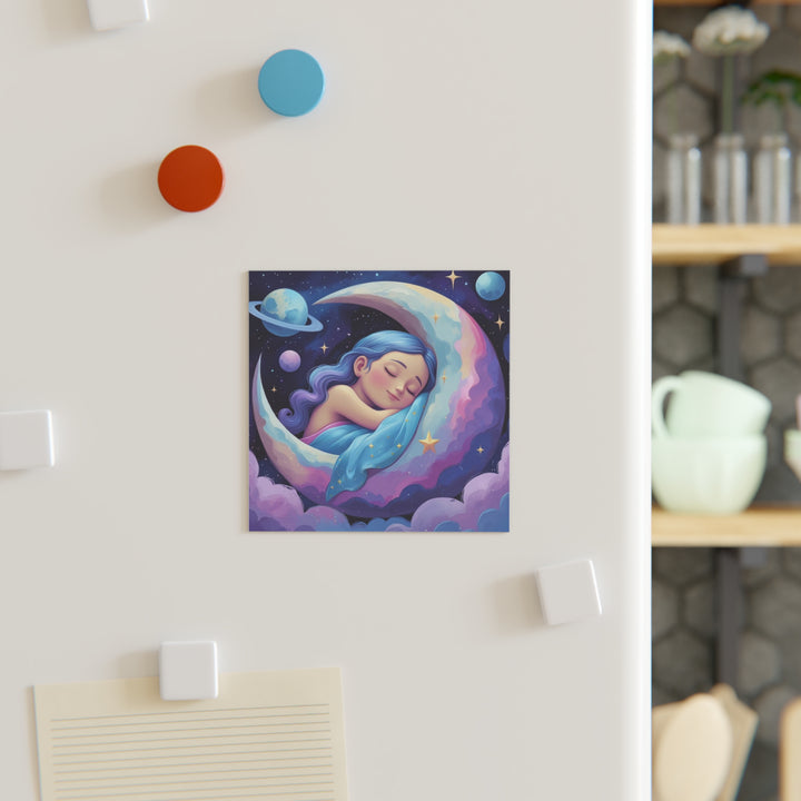 Personalized Square Magnet – Dreamy Girl on Moon, Custom Celestial Decor