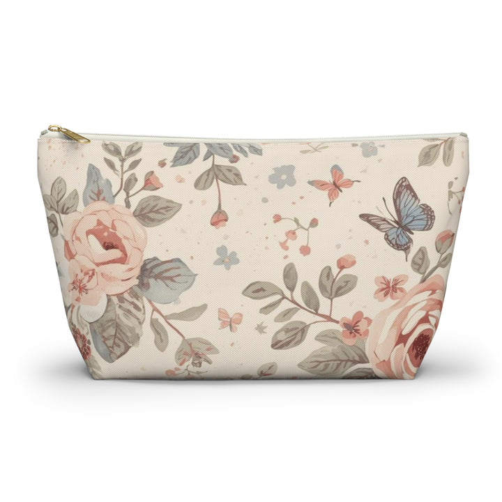 Chic T-Bottom Accessory Pouch – Pastel Floral Roses & Butterflies, Stylish Organizer