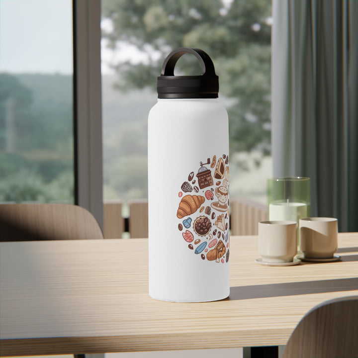 Whimsical Café Stainless Steel Water Bottle w/ Handle Lid – Leak-Proof, Insulated, Cute Cartoon Design