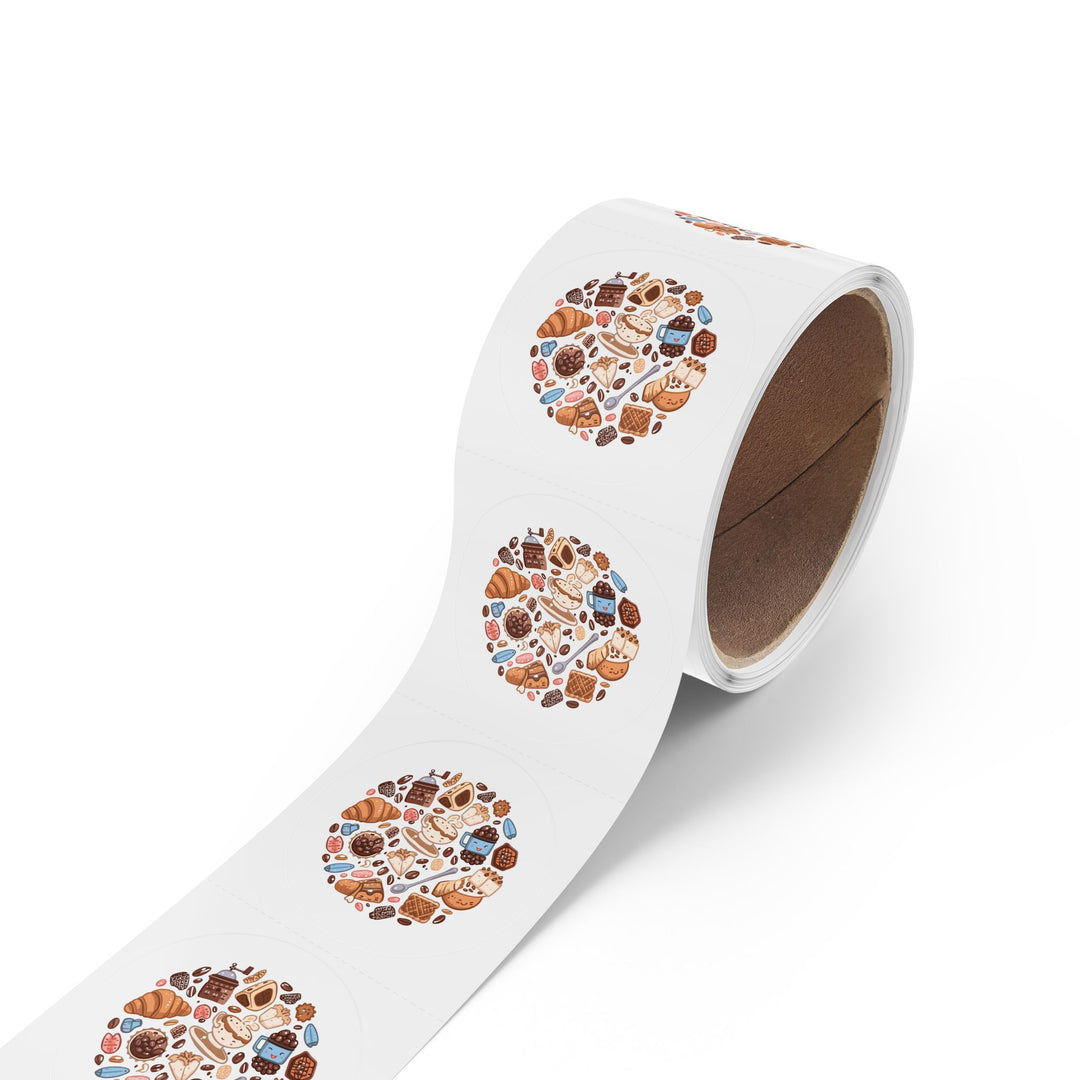 Coffee & Dessert Round Sticker Rolls – Durable, Cute Café Labels, 50-250ct