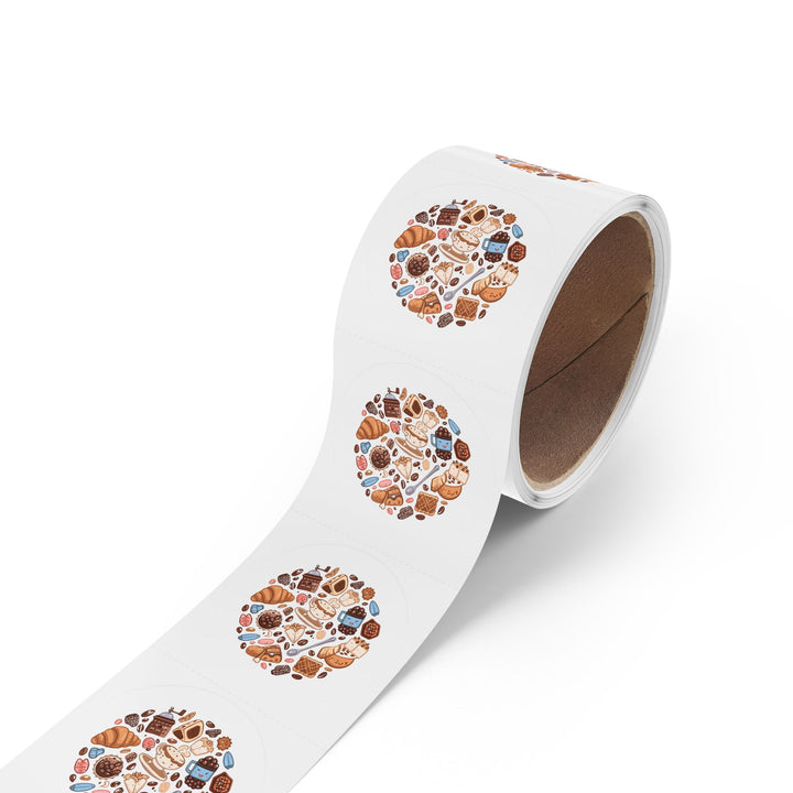 Coffee & Dessert Round Sticker Rolls – Durable, Cute Café Labels, 50-250ct