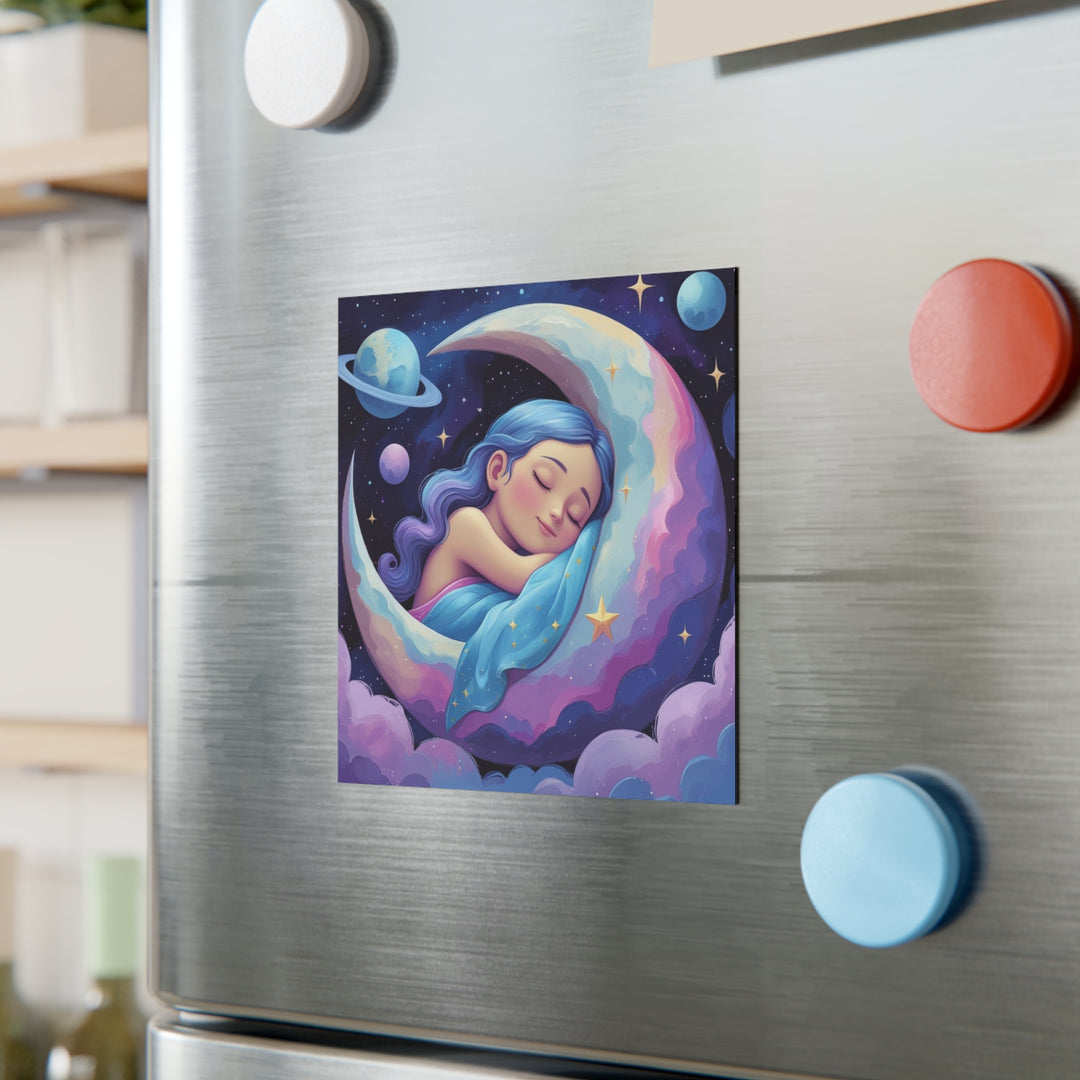 Personalized Square Magnet – Dreamy Girl on Moon, Custom Celestial Decor