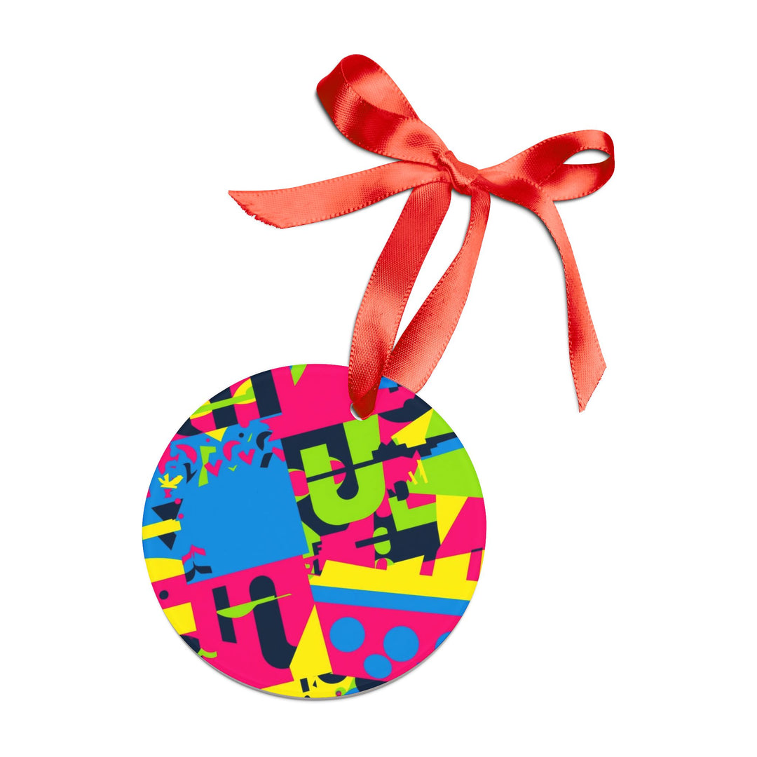 Personalized Acrylic Ornament – Neon Abstract Geometric Design with Ribbon