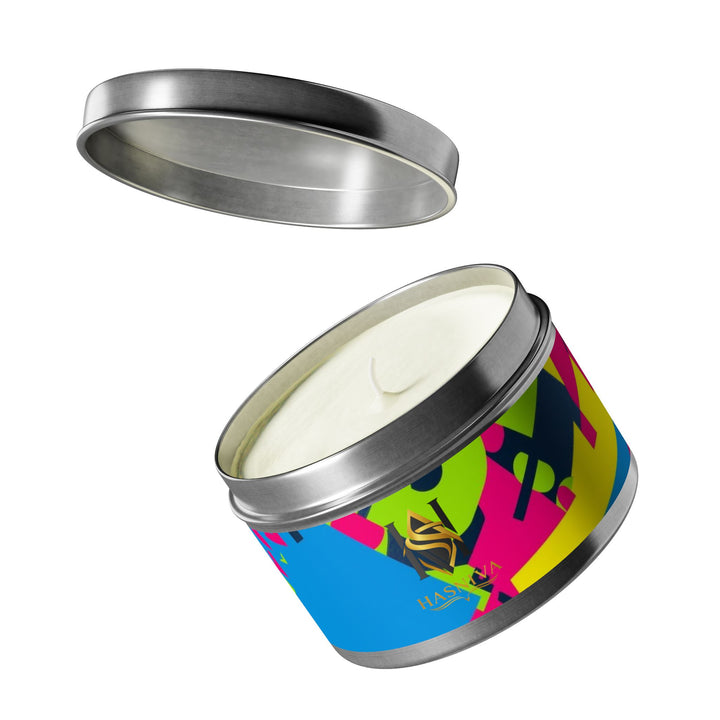 Custom Hand-Poured Tin Candles – Bold Abstract Neon Design, Eco-Friendly