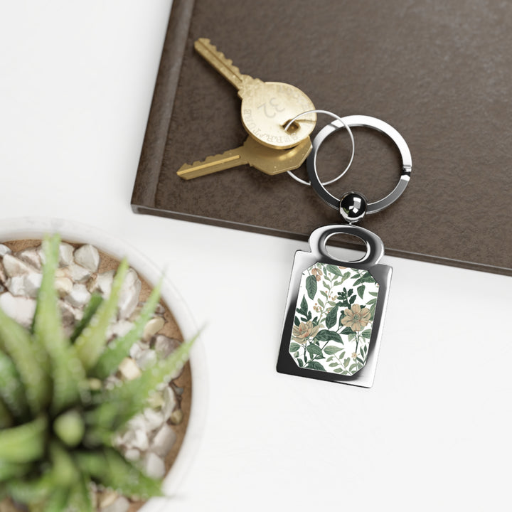 Personalized Floral Rectangle Photo Keyring – Vintage Chic Botanical Gift