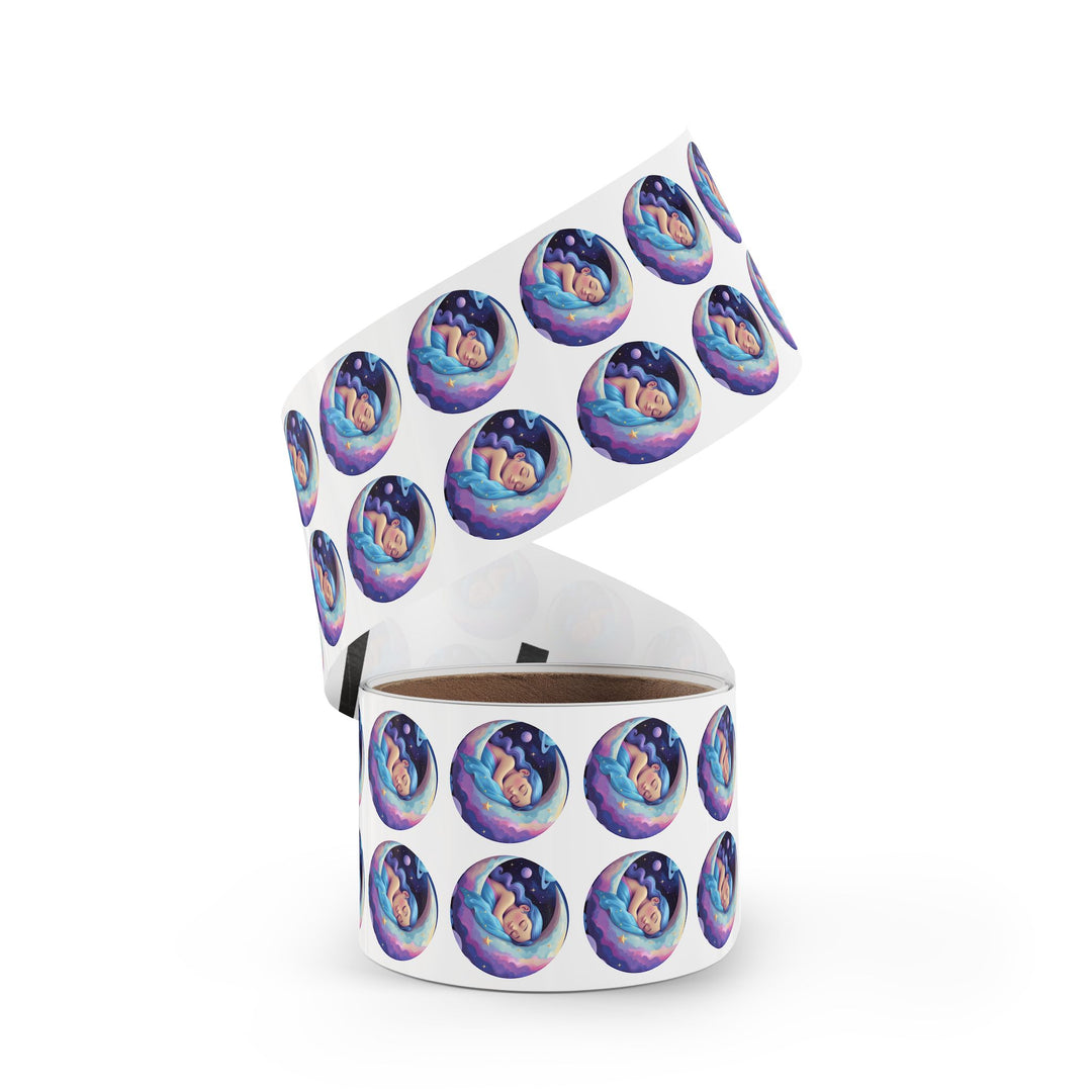 Dreamy Moon Girl Round Sticker Labels – Durable, Glossy, Celestial Rolls