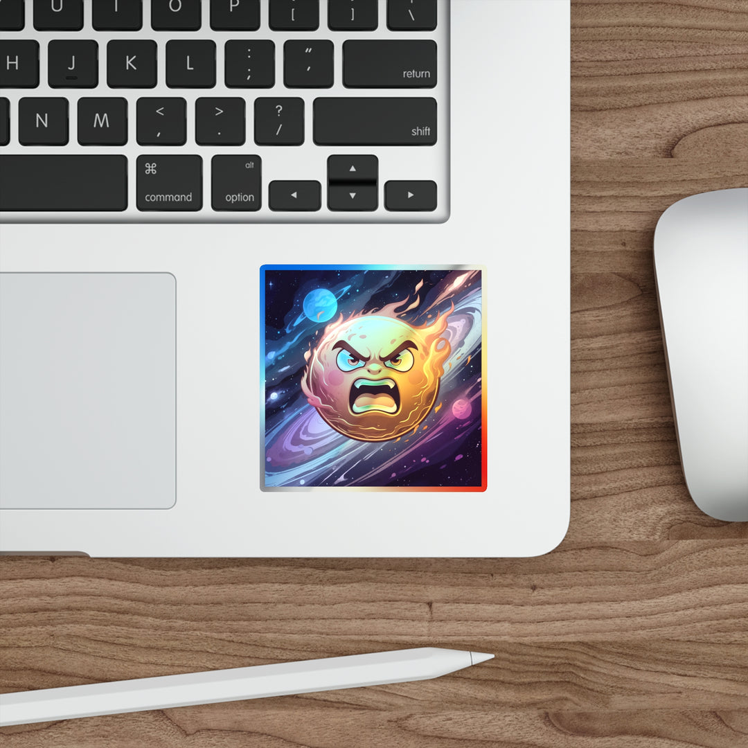 Holographic Die-Cut Sticker – Fiery Cosmic Sun Cartoon | Trendy Retro Shine