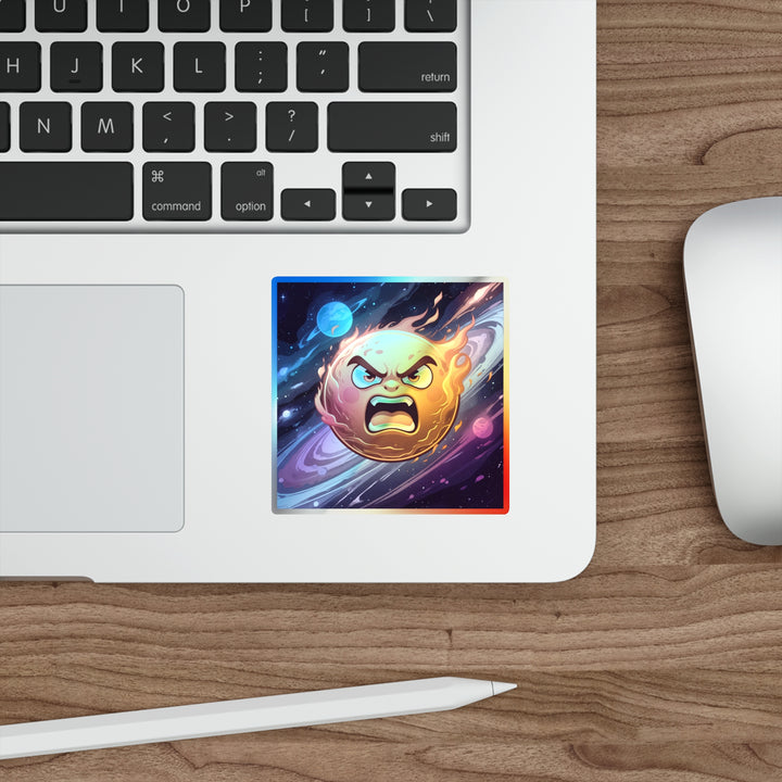 Holographic Die-Cut Sticker – Fiery Cosmic Sun Cartoon | Trendy Retro Shine