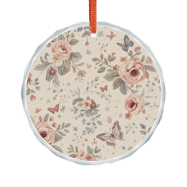 Crystal Glass Ornament – Vintage Floral Roses & Butterflies, Heart/Round