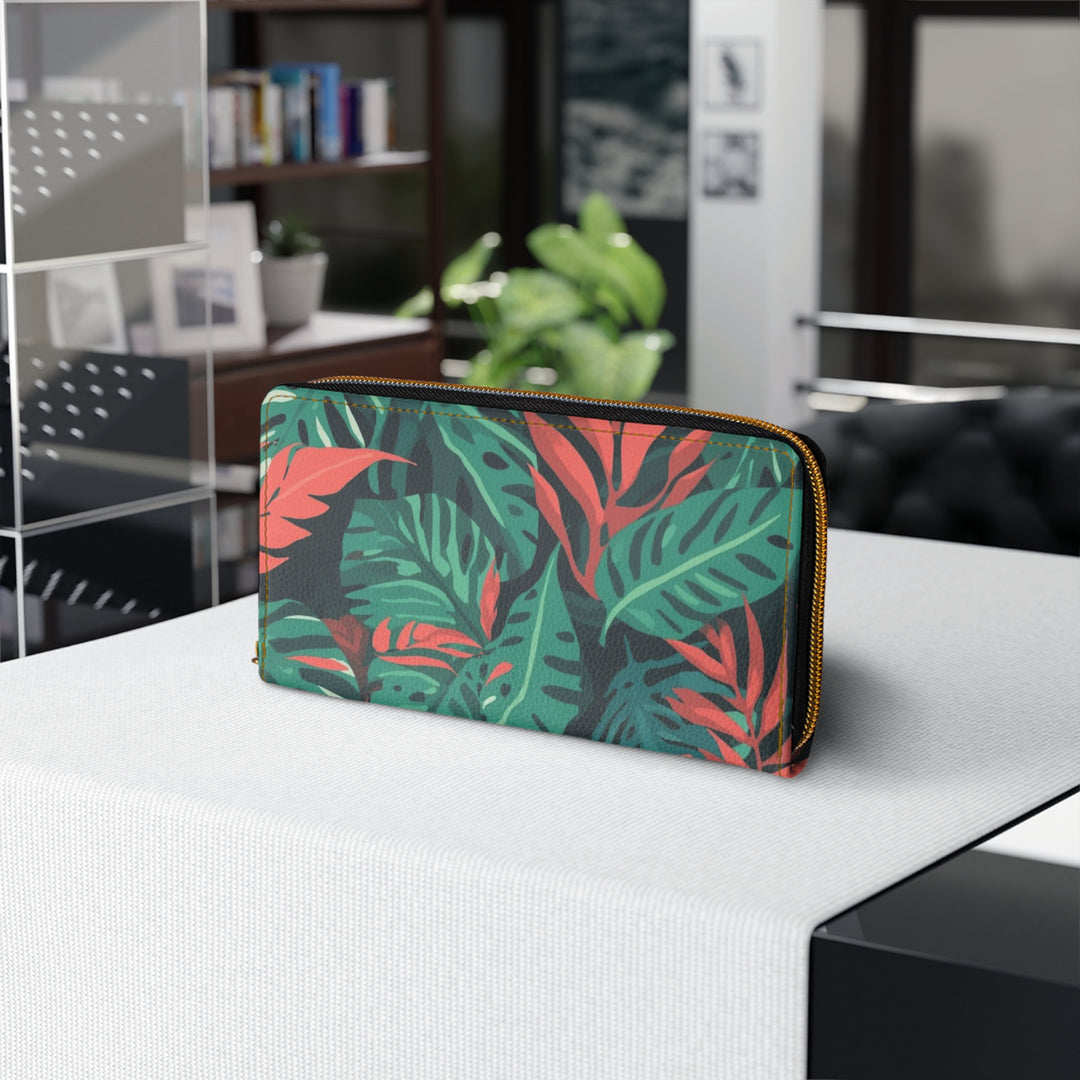 Sleek Personalized Zipper Wallet – Tropical Jungle Leaf Faux Leather Organizer
