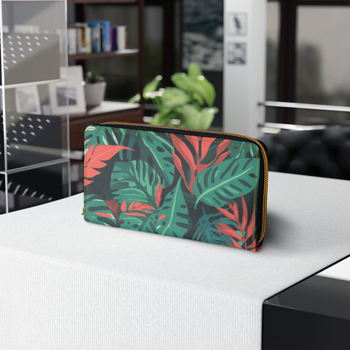 Sleek Personalized Zipper Wallet – Tropical Jungle Leaf Faux Leather Organizer