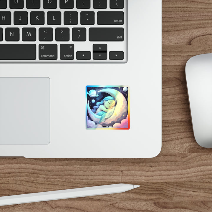 Holographic Die-Cut Sticker – Dreamy Girl on Moon, Celestial Pastel Vibes