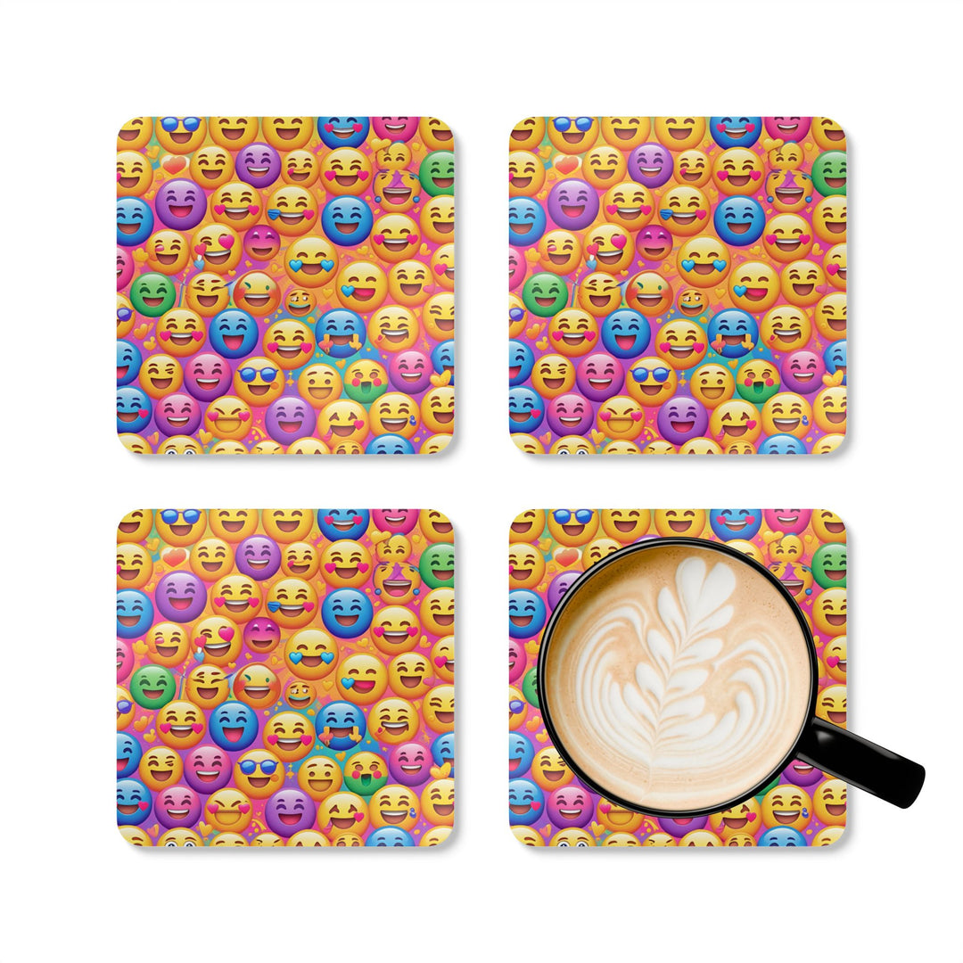 Emoji Corkwood Coaster Set – Fun High-Gloss, Non-Slip, Vibrant Smiley Decor