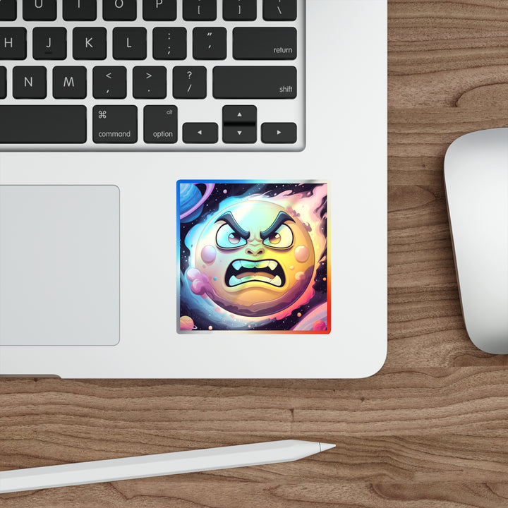 Holographic Die-Cut Sticker – Angry Sun Space Cartoon, Retro Cosmic Vibes