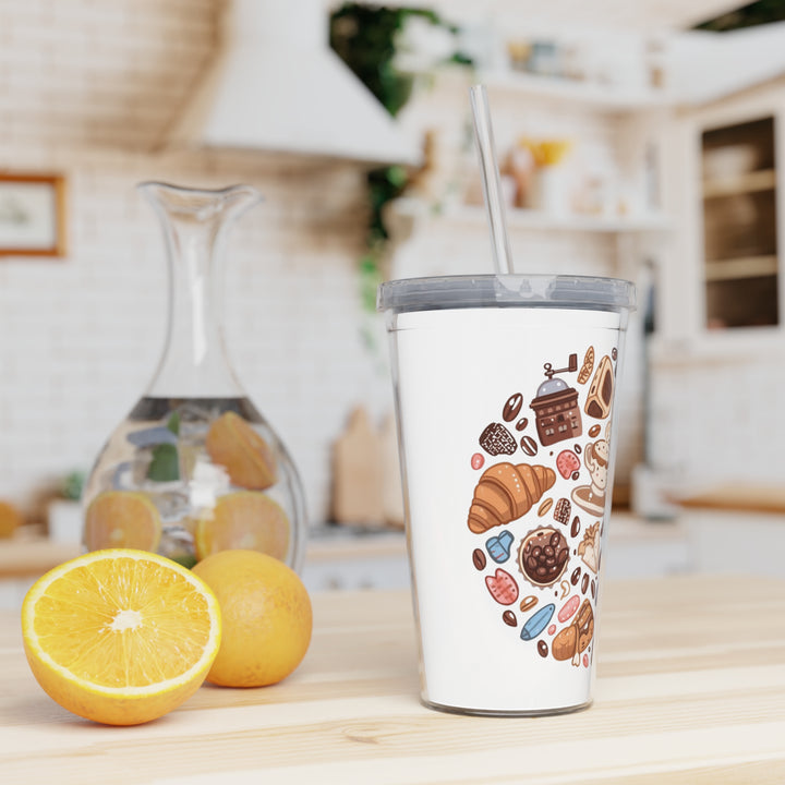 Custom Café Vibes Plastic Tumbler – 20oz, Straw, Whimsical Coffee Design