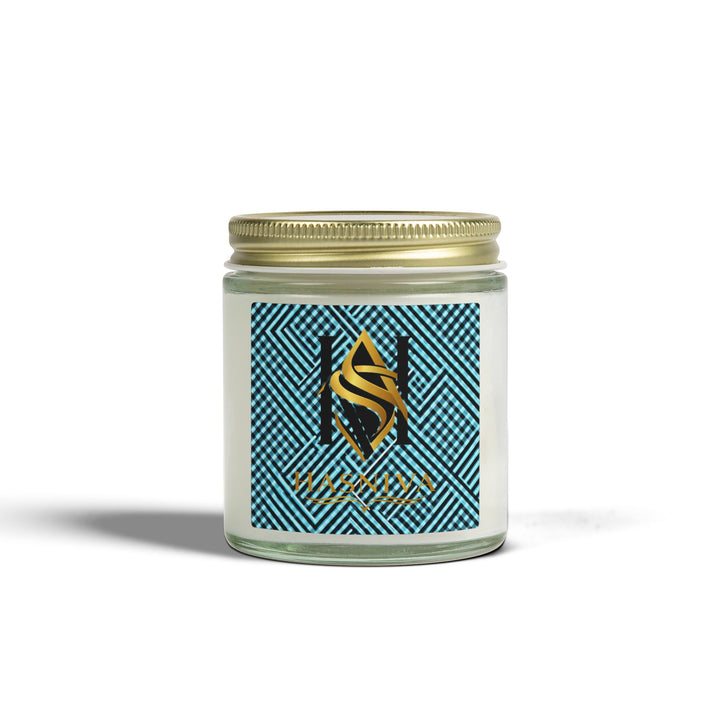 Hand-Poured Coconut Apricot Scented Candle – Futuristic Aqua Grid Design