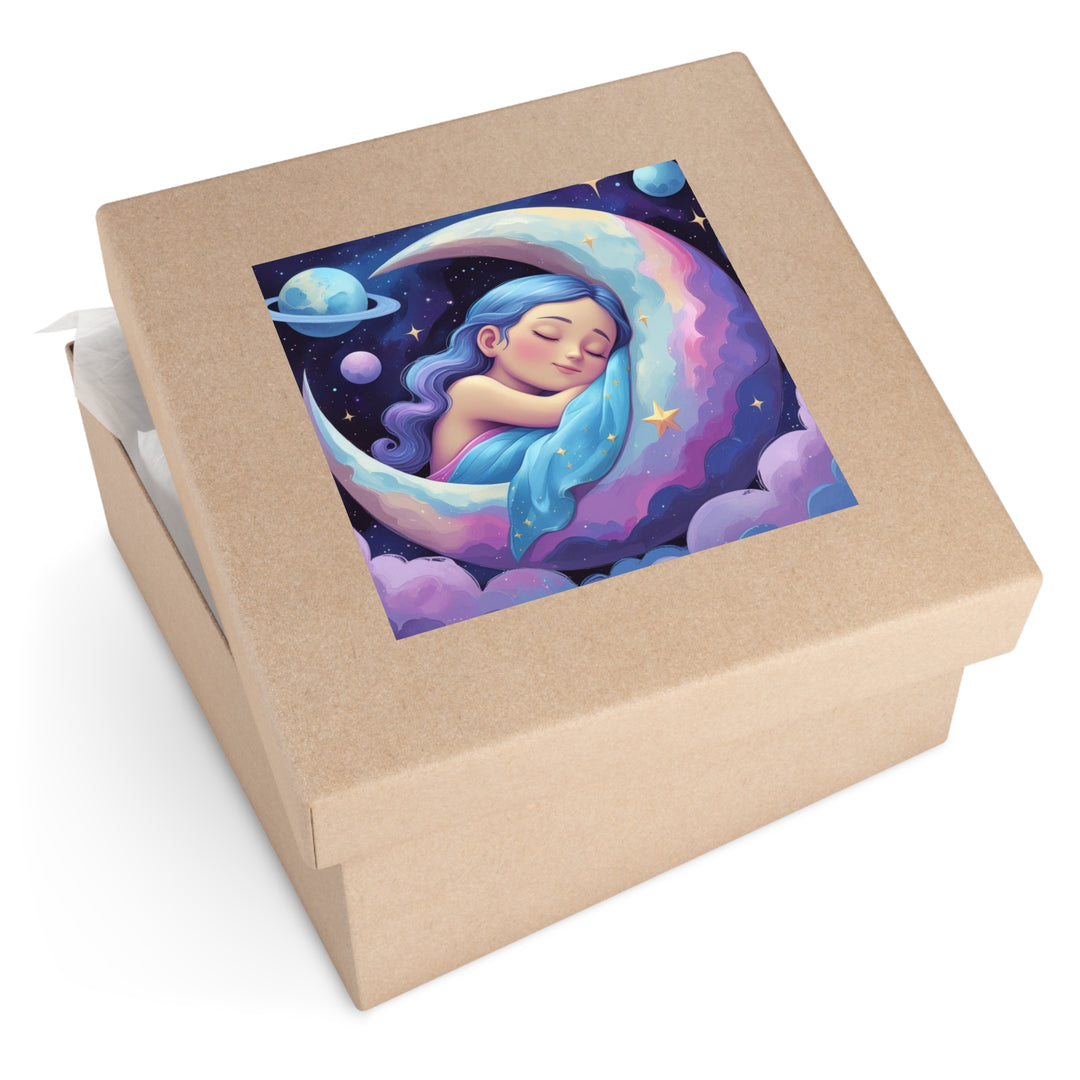 Whimsical Moon Girl Laminate Square Sticker – Dreamy, Durable, Fashion Art